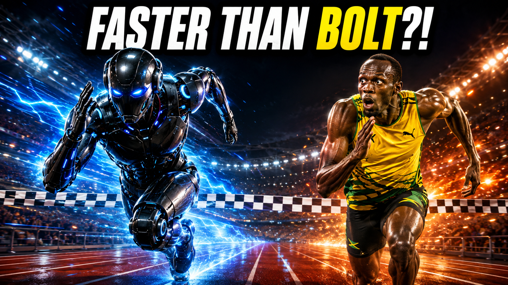 Graphic comparing a humanoid robot named Lightning to Usain Bolt on a sprint track, with the text FASTER THAN BOLT